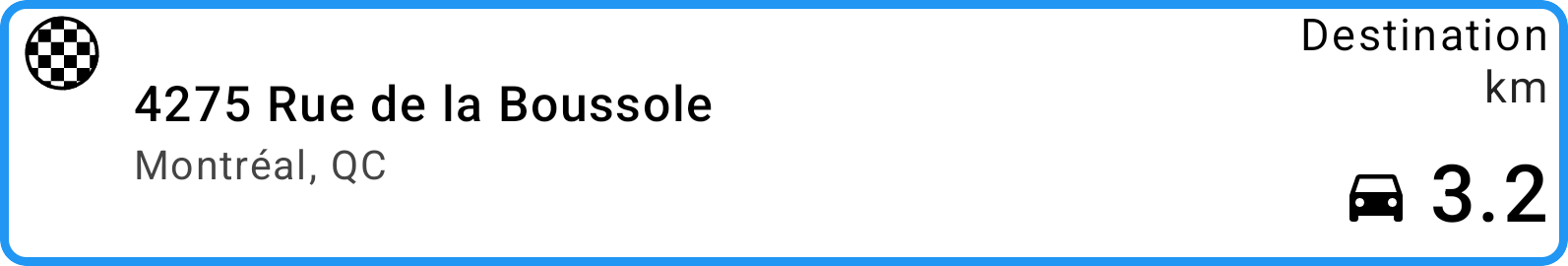 The full-width Destination tile showing the address and remaining distance